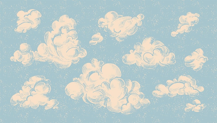 Vector hand drawn vintage engraved clouds set detailed ink illustration sky heaven cloud sketch retro style