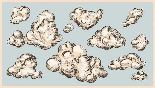 Vector hand drawn vintage engraved clouds vector set detailed ink illustration sky heaven cloud sketch