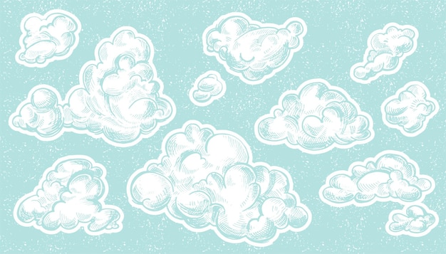 Hand drawn vintage engraved clouds vector set detailed ink illustration sky heaven cloud sketch