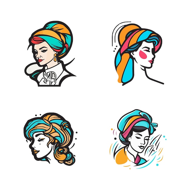 Hand drawn vintage female chef logo in flat line art style