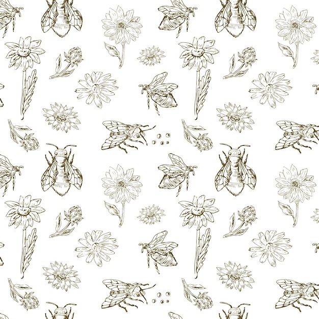 손으로 그려진 빈티지 꽃 요소와 벌 패턴 터 일러스트레이션은 섬유 포장용으로 사용될 수 있습니다.