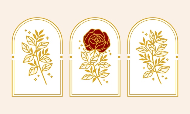 Hand drawn vintage gold botanical rose flower logo element collection