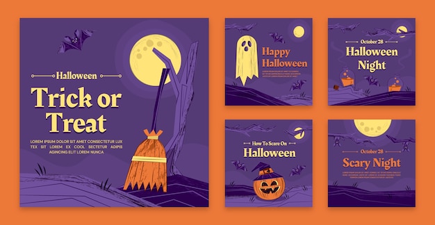 Vector hand drawn vintage halloween instagram posts collection