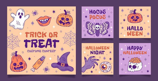 Vector hand drawn vintage halloween instagram posts collection