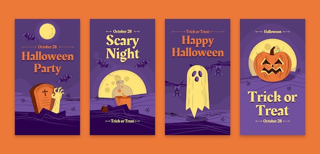 Vector hand drawn vintage halloween instagram stories collection