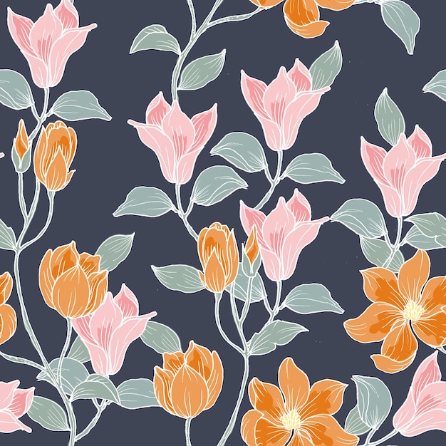 Hand Drawn Vintage Magnolia Flower Seamless Pattern