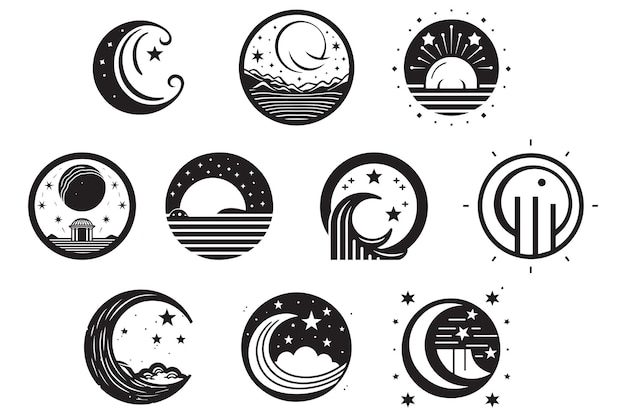 Vector hand drawn vintage moon logo in flat style