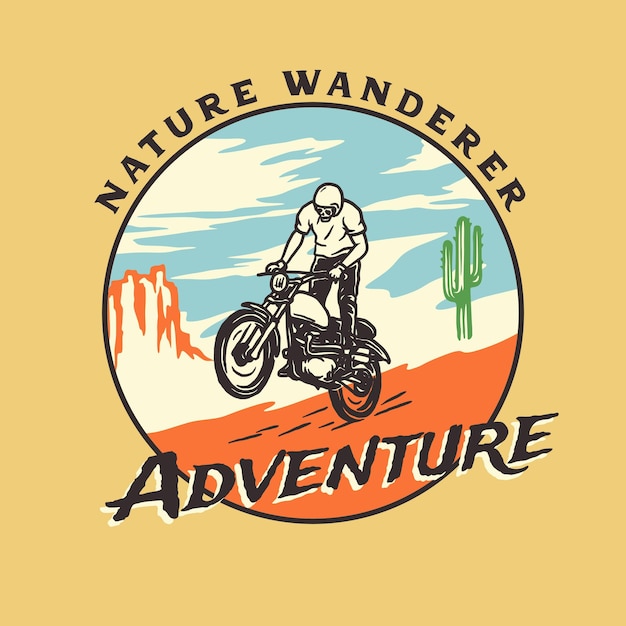 Ручной обращается винтажный мотоцикл дикая жизнь приключения логотип значок этикетки