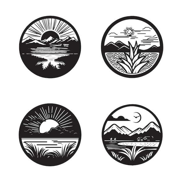 Hand Drawn vintage nature and fields logo in flat line art style