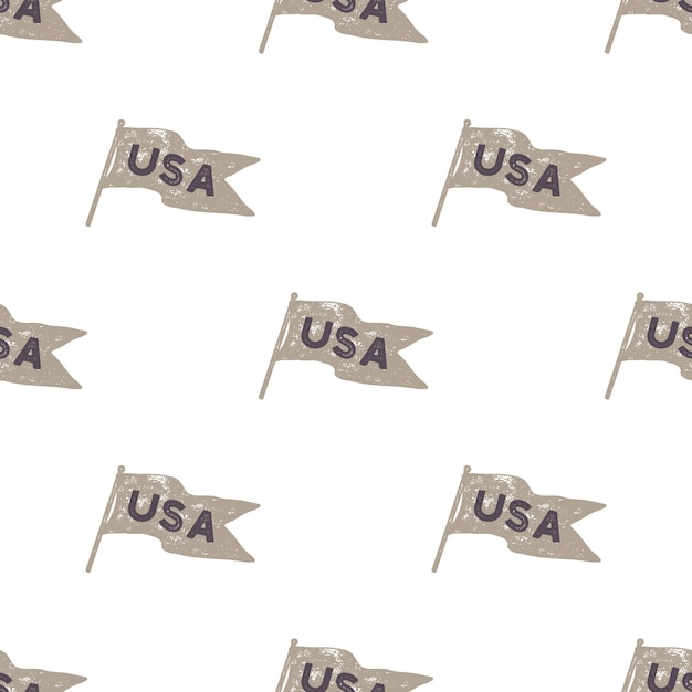 Hand drawn vintage pennant flags seamless. Retro roughen style pattern. USA sign. Easy to change color. Stock vector illustration isolated on white.