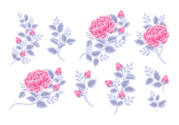 Hand drawn vintage pink and violet rose flower arrangement and bouquet element collection