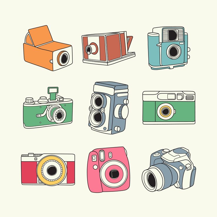 手描きのビンテージとレトロな写真カメラコレクション
