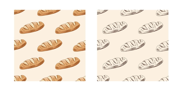 Vector hand drawn vintage seamless pattern of crusty loaf bread with diagonal cuts in brown ink engraving