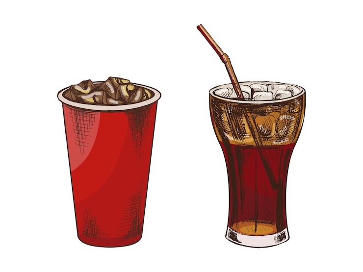 Vector hand drawn vintage sketch of iced soda and soft drinks in paper and glass cups color and monochrome