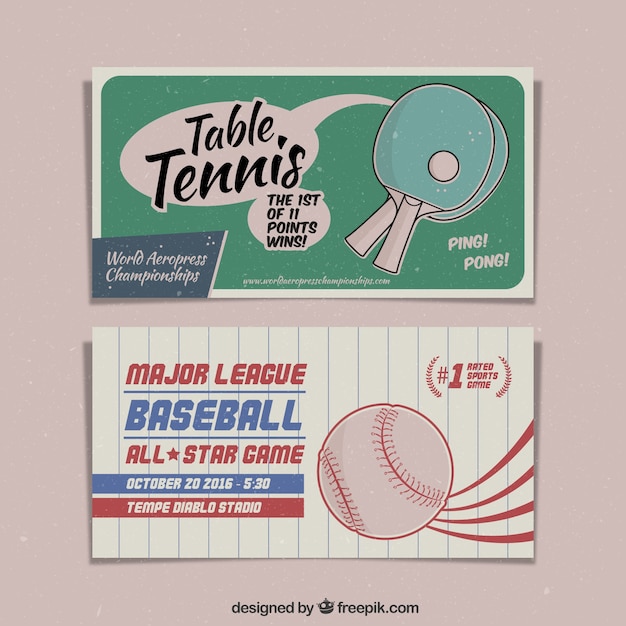 Hand drawn vintage table tennis and baseball banners