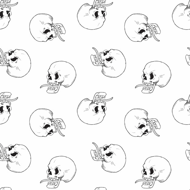 Hand drawn vintage tattoo skull seamless pattern, vector illustration