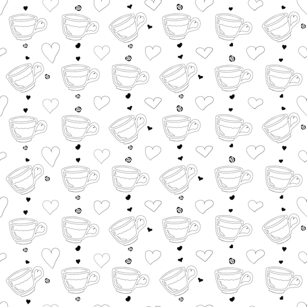 Hand drawn vintage tea cup, coffee mug seamless pattern, decorated with hearts, roses