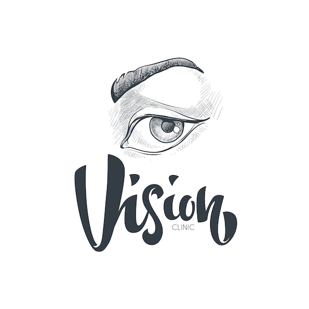 Logo, simboli e icone di visione e occhi disegnati a mano con composizione scritta