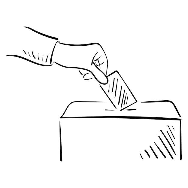 Vector hand-drawn vote icon. hand putting paper in the voting box.