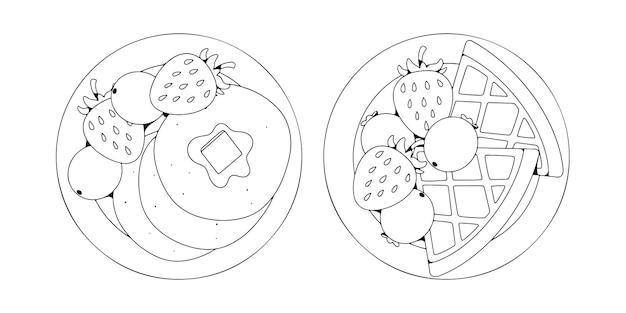 벡터 손으로 그린 와플과 팬케이크 일러스트레이션