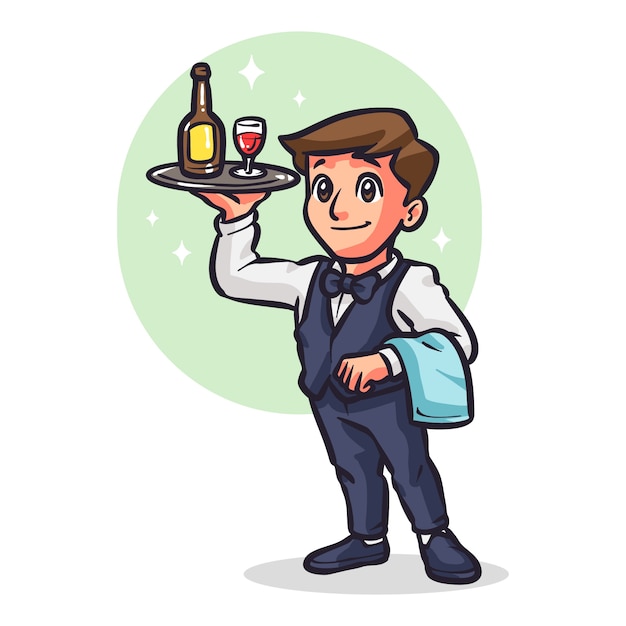 Vector hand drawn waiter cartoon illustration