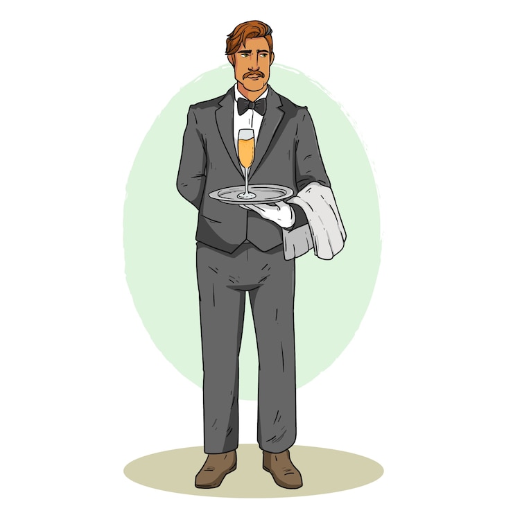 Vector hand drawn waiter cartoon illustration