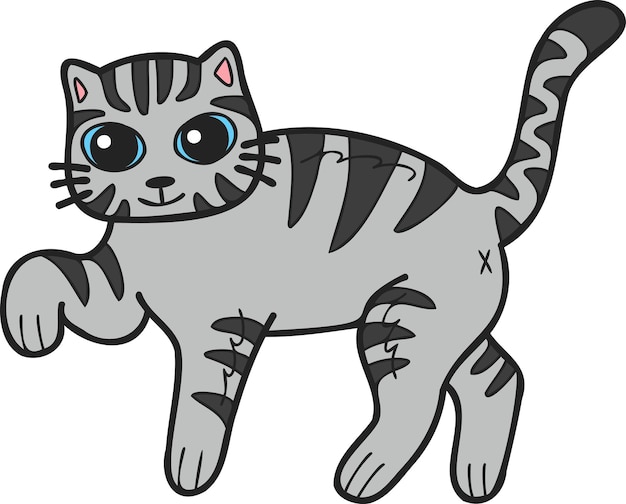 Hand Drawn walking striped cat illustration in doodle style