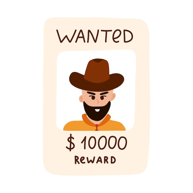 Hand drawn wanted poster with cowboy clipart Simple colorful doodle with vintage western banner with reward Criminal or outlaw wanted dead or alive poster Sign of Wild West America Texas cowboy