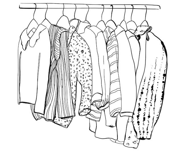 Hand drawn wardrobe sketch Baby clothes on hangers