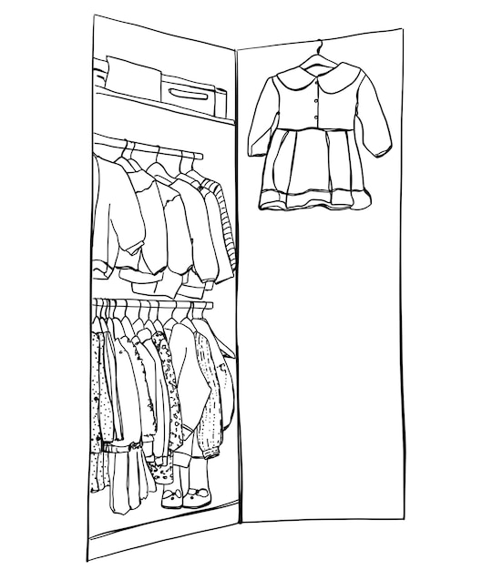 Hand drawn wardrobe sketch baby clothes on hangers