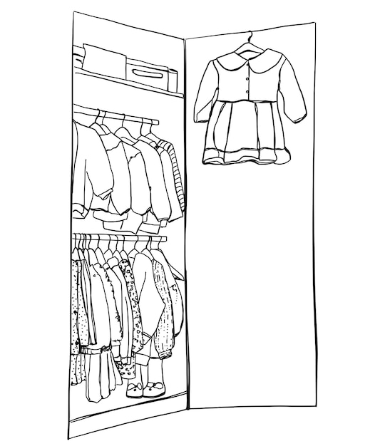 Hand drawn wardrobe sketch Baby clothes on hangers