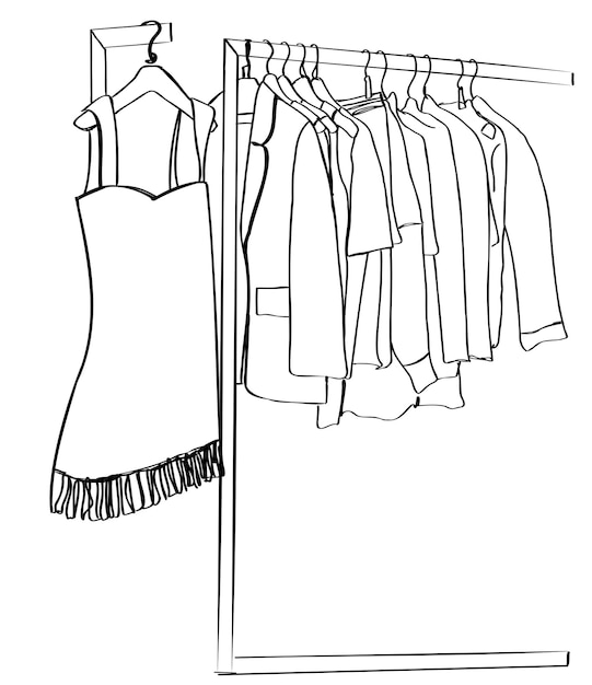 Vector hand drawn wardrobe sketch clothes on the hangers skirt dress jacket