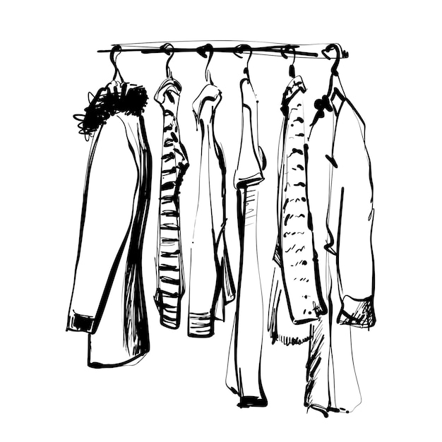 Vector hand drawn wardrobe sketch clothes on the hunger