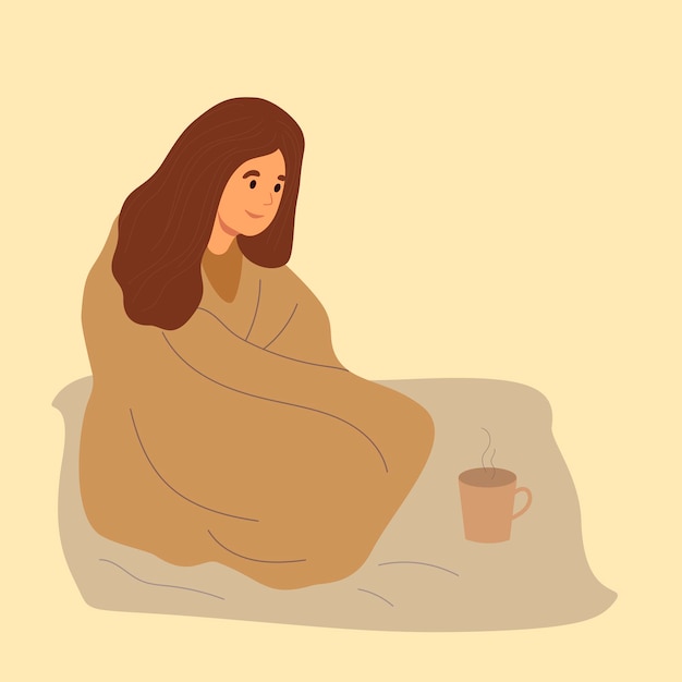 Hand drawn warm blanket Vector illustration Woman wrapped in cozy blanket is sitting next to teacup