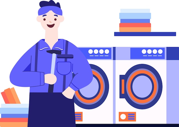 Hand Drawn washing machine repair technician in flat style isolated on background