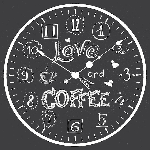 Vettore orologio disegnato a mano con scritta love cofee