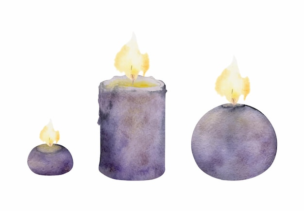 Hand drawn watercolor assorted candles lit with flames Votives balls tea lights pillars Isolated object on white background Design for wellness resort print fabric cover card booklet