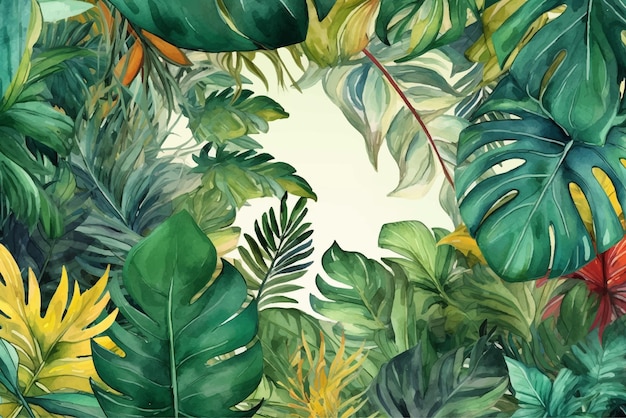 Hand drawn watercolor background with tropical plants