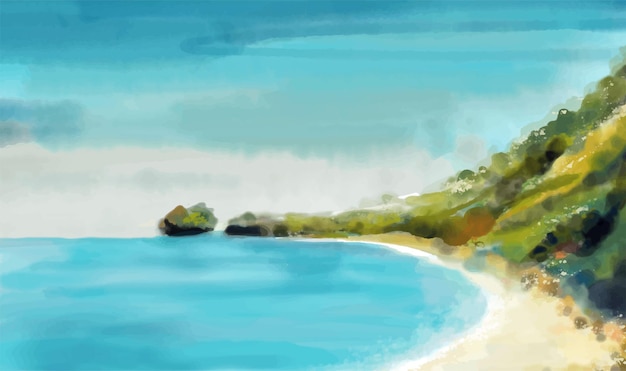 Spiaggia dell'acquerello disegnato a mano e paesaggio di montagna