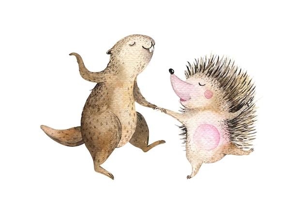 Hand drawn watercolor beaver and hedgehog dancing animals Boho illustrations