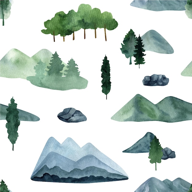 Hand drawn watercolor blue and green mountains and evergreen trees seamless pattern