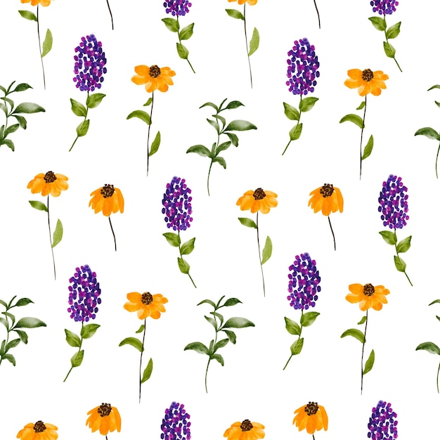 hand drawn watercolor botanical seamless pattern with lilac and wildflower