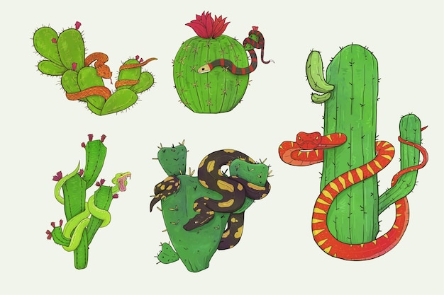 Vettore collezione di cactus e serpenti ad acquerello disegnati a mano