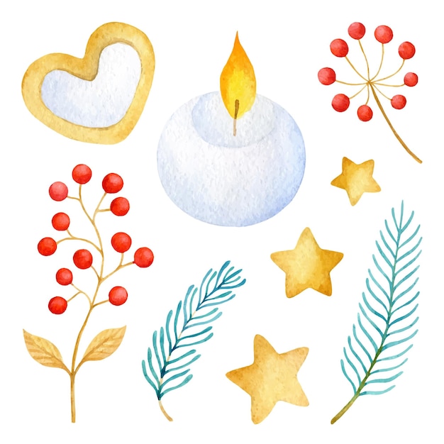 Hand drawn watercolor candle stars fir branches and red berries isolated on a white background