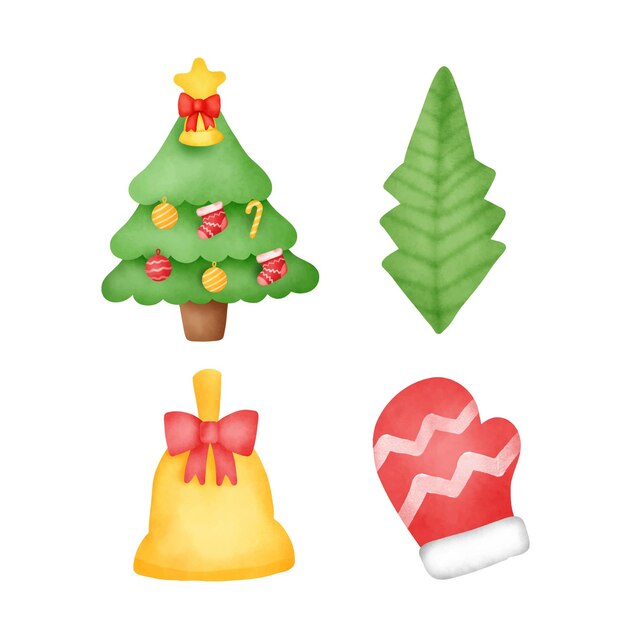 Hand drawn watercolor Christmas decoration set.