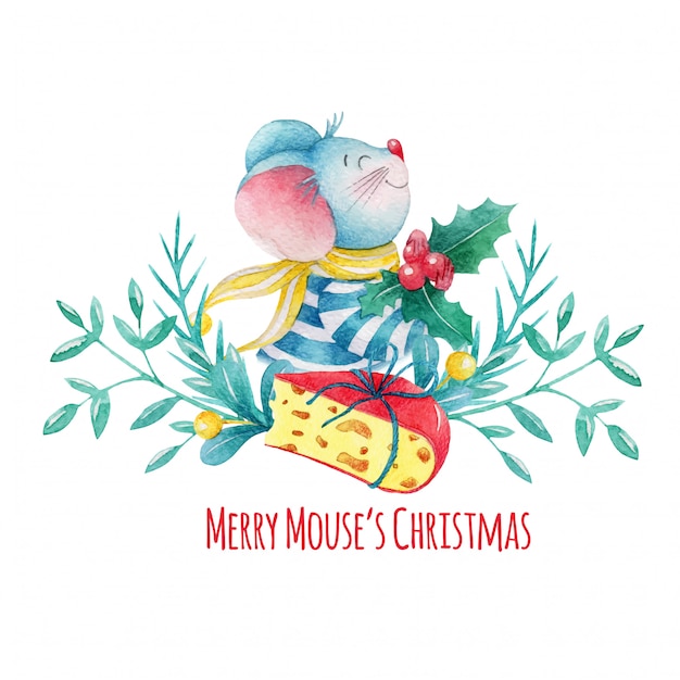Hand drawn watercolor Christmas mouse with decorations and cheese