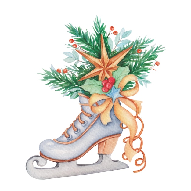 Hand drawn watercolor christmas skating shoes with flower poinsettia