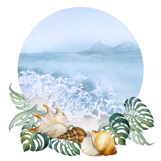 Vettore composizione acquerello disegnato a mano vista sul mare con spiaggia surf onda conchiglie di mare su foglie di monstera isolato su sfondo bianco wall art matrimonio stampa copertina in tessuto carta turismo libretto di viaggio