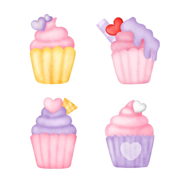 Vector hand drawn watercolor cupcakes set.