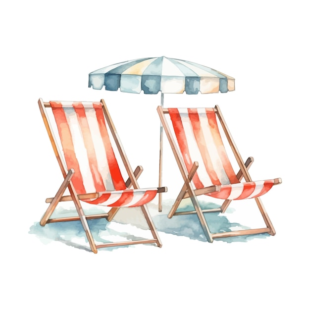 Hand drawn watercolor elements Pair of striped beach deck chairs sun chaise lounge Isolated